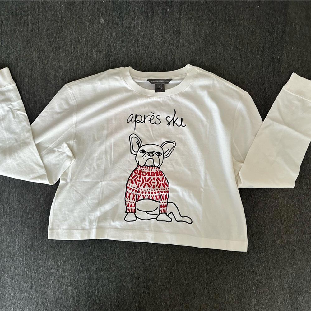 French Connection Women Sz S Apres Ski Frenchie Bulldog Parisian crop jersey